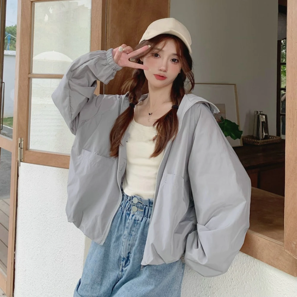 Fashion Loose Sunscreen Coat Women Quick-Drying Solid Color Sun-Protective Tops Out Wear Clothing Hooded Jacket Female
