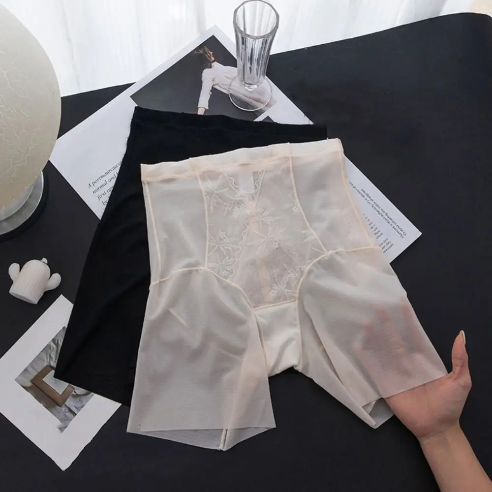 Ultradünne, nahtlose Shapewear-Höschen aus Eisseide mit Rüschen und Spitze, transparent, formend und mit hohem Bund, Bauchkontrolle – Unterwäsche für Damen_voghion.com