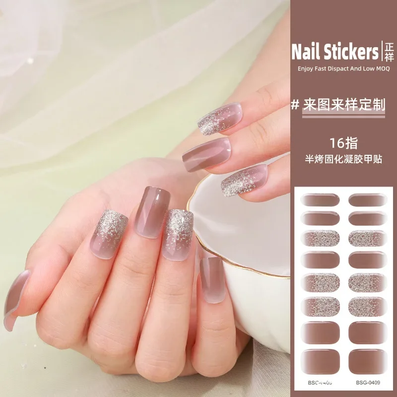 16Tips Pure White/Black/Nude Semi Cured Gel Nail Stickers Long-lasting Cream Nail Strips Patch Slider UV Lamp Cured Decal