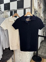 Solid Twist Flower Knit T-shirts Woman Spring Turn Down Collar Short Sleeve Tees American Vintage Casual Tshirts Sweet Y2k Tops - Image 2