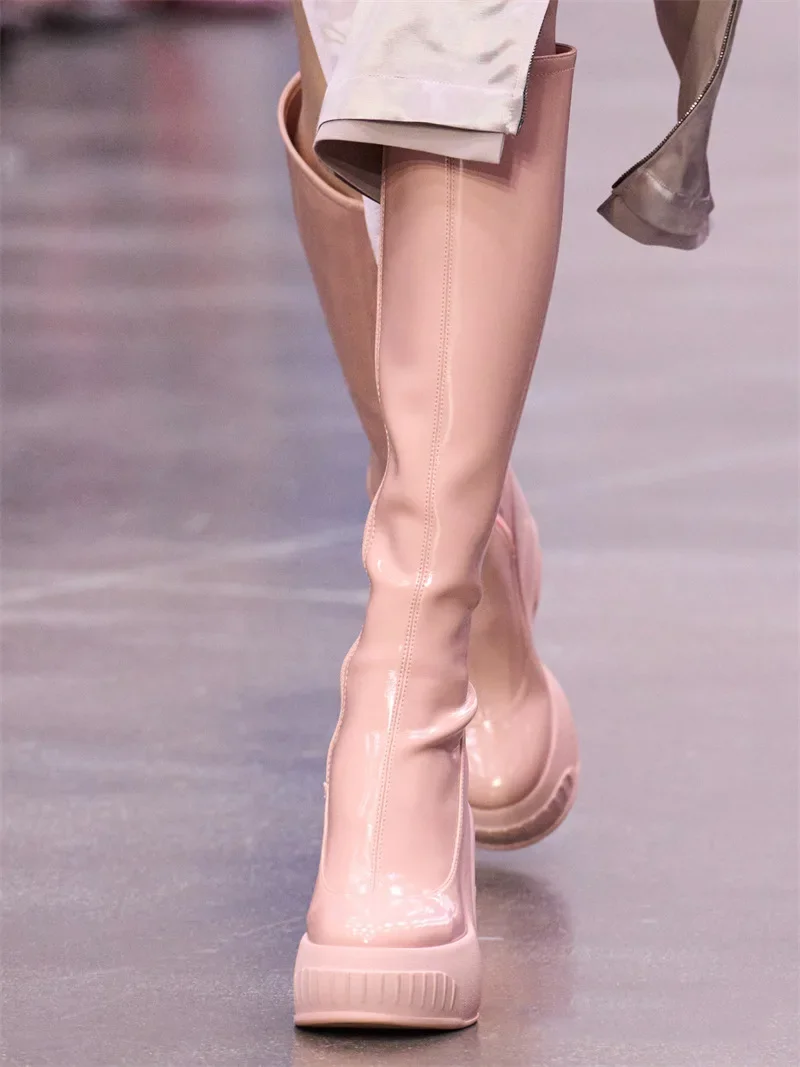 2024 Spring New Slope Heel Thick Bottom Round Toe High Heel Boots Fashion Sexy Cross-border Women's Plus Size Knee-high Boots