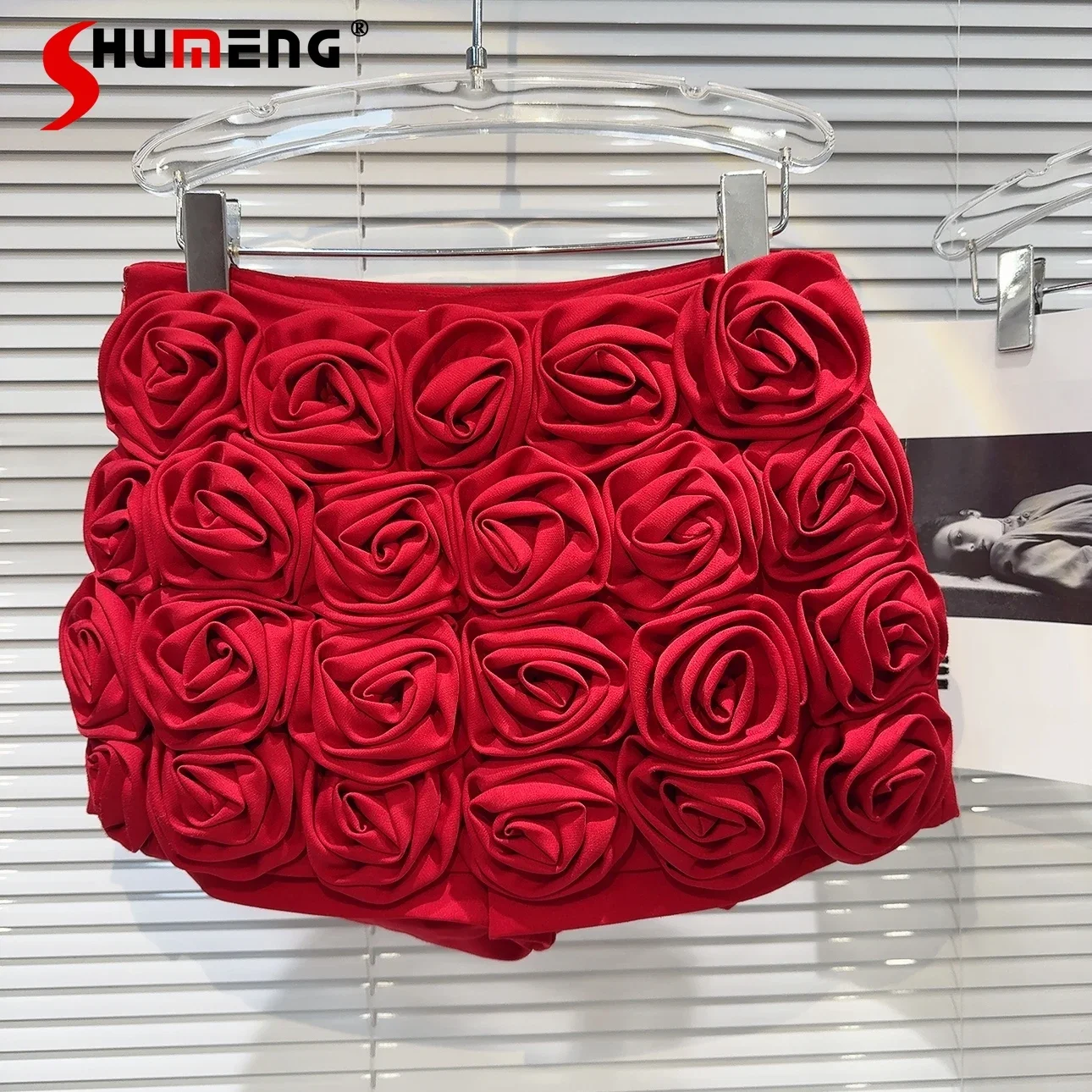 Summer Elegant Red 3D Rose Flowers Short Pantskirt Woman 2024 Spring New Socialite Clothes High Waisted Black Shorts for Women