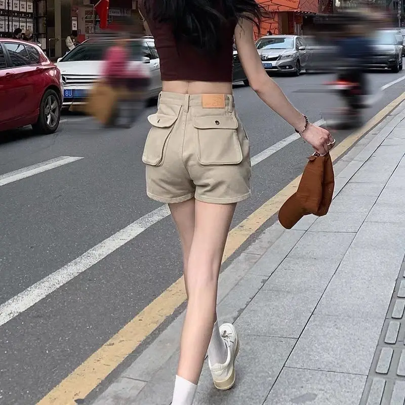 Short Cargo kaki, fin, taille haute, grandes poches, américain, doux, ample, Sexy, vêtements assortis, solide, esthétique quotidienne, été_voghion.com