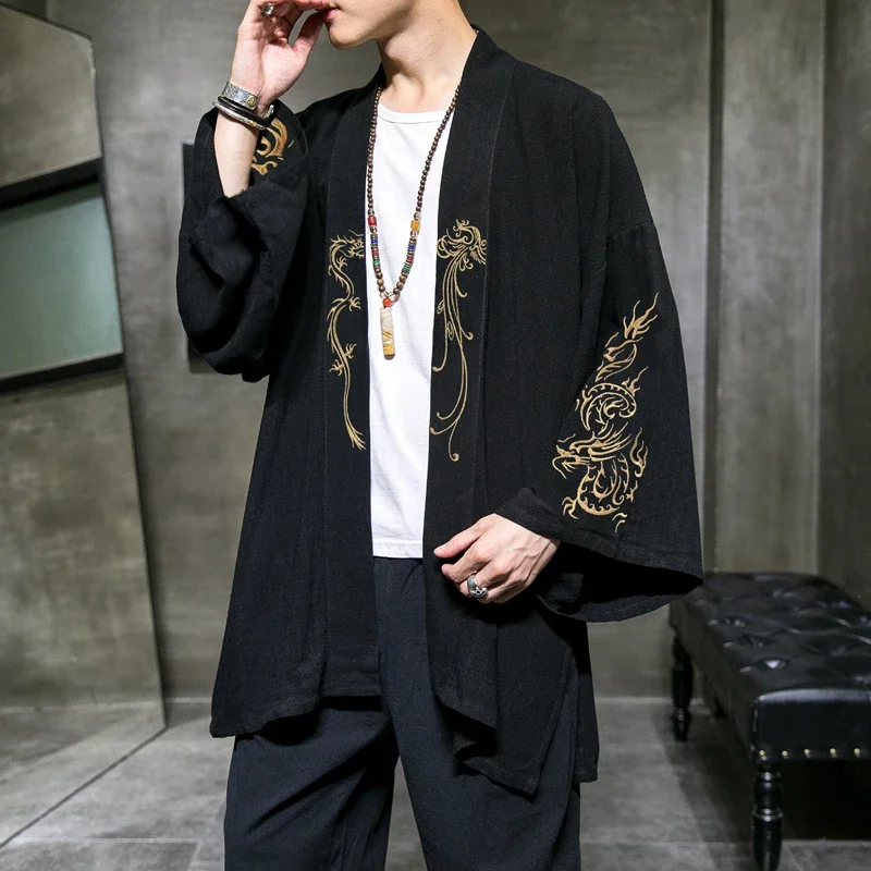 Embroidery Men's Trench Coat Cotton Hanfu Linen Chinese Style Robe Cardigan Jacket Casual Oversized Kimono 5XL Ancient Coat Male