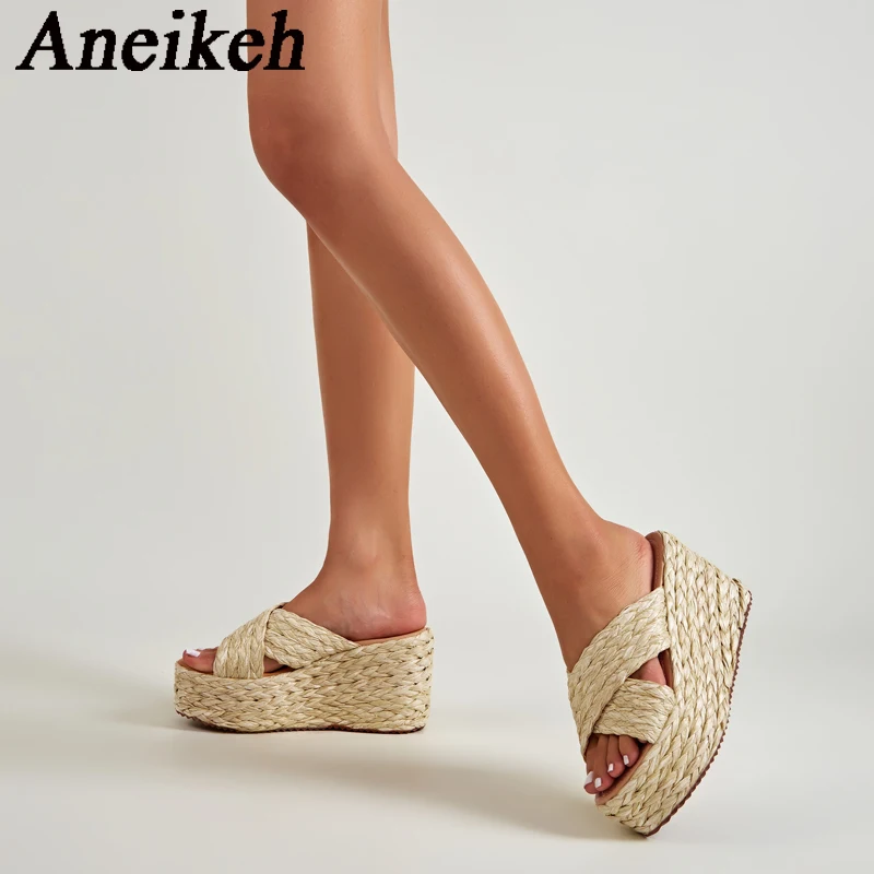 

Женские летние уличные Нескользящие шлепанцы Aneikeh с конопляной тесьмой, Нескользящие, для отдыха, модные сандалии на танкетке, 2024