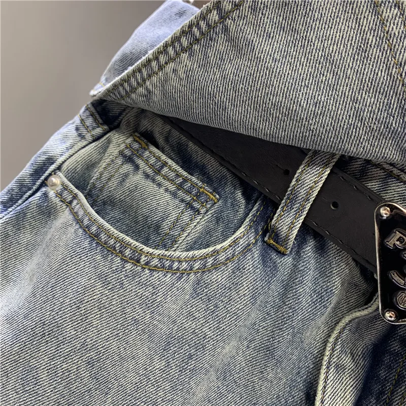 Original Light Blue Denim Mini Skirt Women 2024 Spring and Summer New Streetwear Woman Doll Collar A- Line Short Hip Jean Skirts