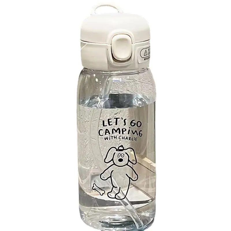Large Capacity Portable Plastic Water Bottle with Straw - Cartoon Design, Drop Resistant