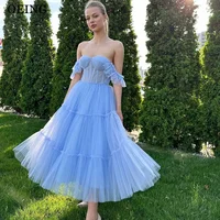 OEING Elegant A-Line Blue Prom Dress Off Shoulder Sweetheart Pleats Party Gowns Ankle-Length Evening Dress Customized 1