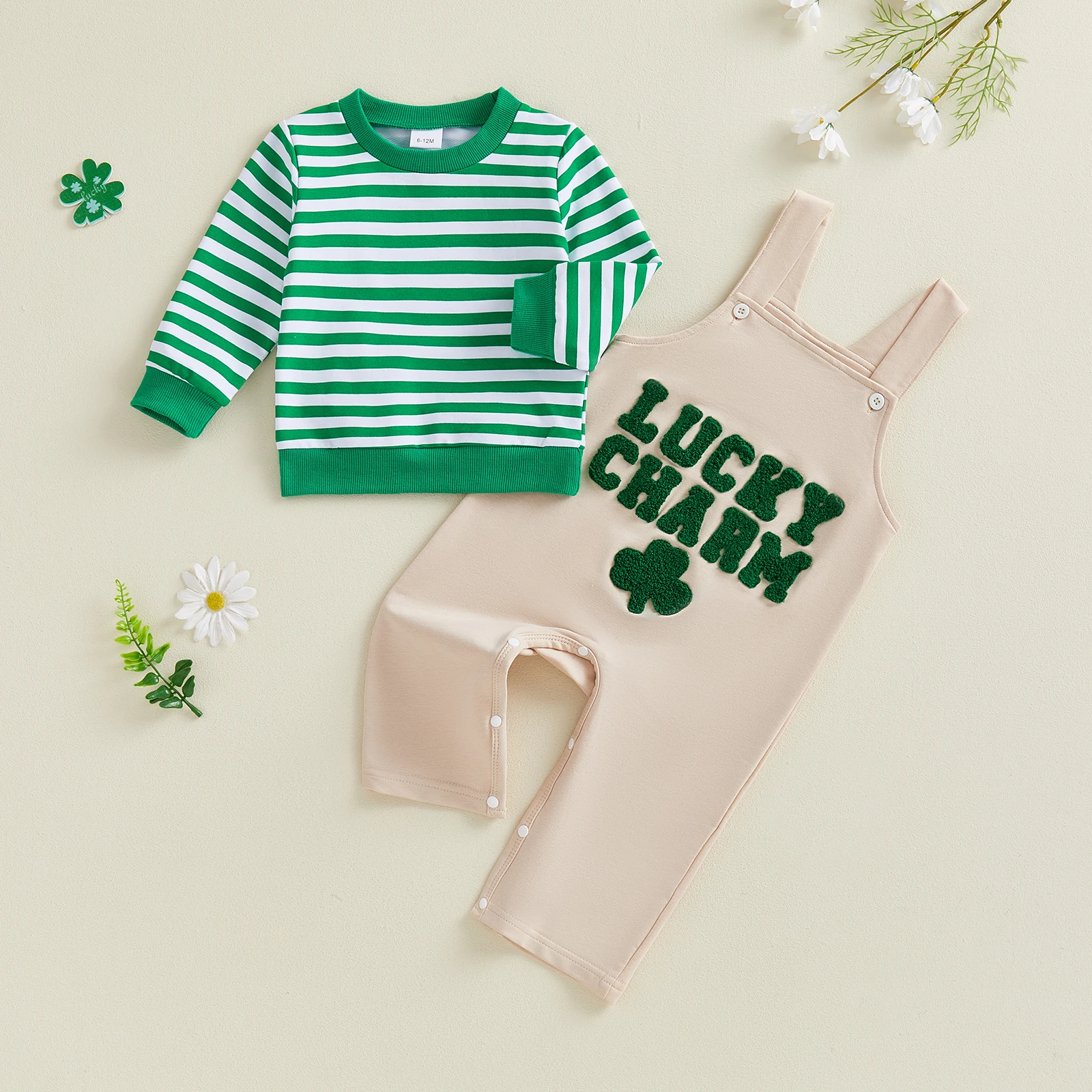 Infant Boys 2-Piece Spring Clothing Set with Long Sleeve Shirt and Lucky Clover Embroidered Overalls - Toddler Fashion Ensemble