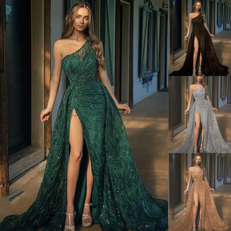

Light Luxury Embroider Sequin Maxi Dresses for Women Oblique Shoulder Slit Evening Dress Sexy Long Dress Large Size Dresses
