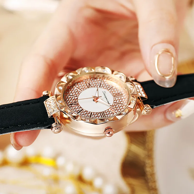 

Sdotter Rhinestone Watch For Women Leather Quartz Ladies Watches Starry Luxury Dress Clock Female Wristwatch Casual montre femme