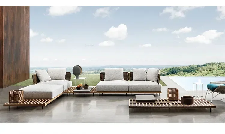 Luxury Outdoor Garden Furniture Sets Solid Wood Rattan Sofa Nordic Home Leisure Patio Furniture B&B Villa Sofa Chair Combination