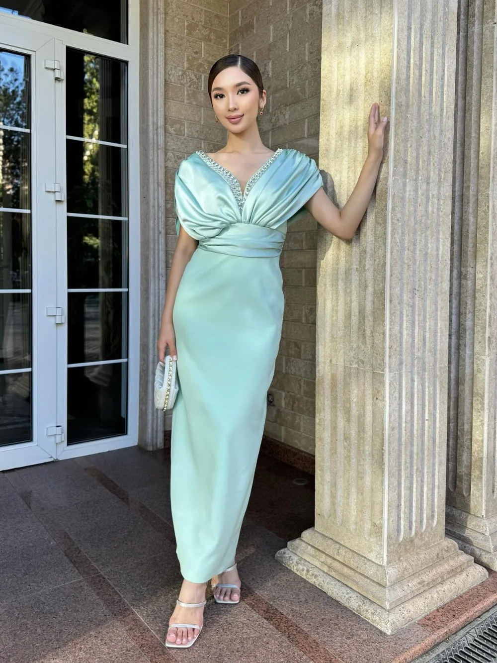 knee length dresses for ladies Lavender Butterfly Print Midi Qipao Dress, L main image 1