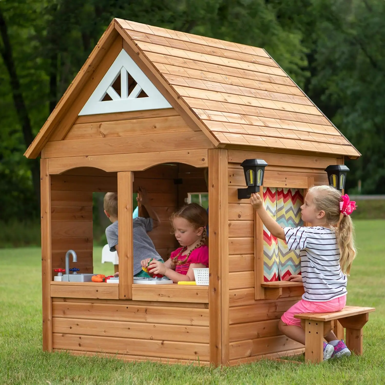 Backyard Discovery Aspen All Cedar Wooden Playhouse, Country Style, Dutch Front Door, Flower Pot Holders, Stove, Sink, Plastic 2