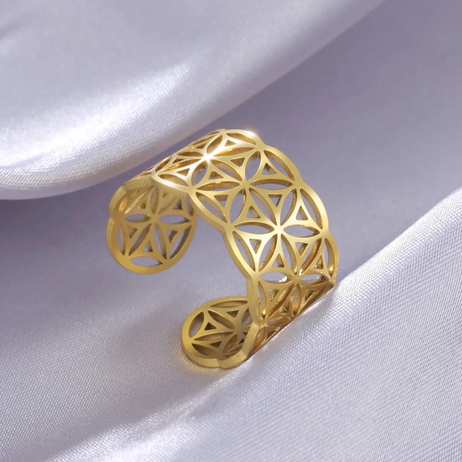 Skyrim Flower Of Life Ring Donna Acciaio Inossidabile Colore Oro Geometria Sacra Anelli Estetici Regolabili Aperti 2024 Gioielli Regalo