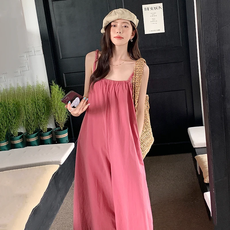 

Clothland Women Stylish Strap Jumpsuit Spaghetti Straps Sleeveless Backless Square Collar Pink Black Playsuits KA373