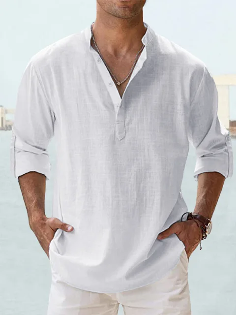 Men's Linen Open V-Neck Long Sleeve Shirt Island Importer