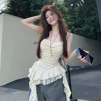 Sweet Girl Style Design Lace Splicing Hem Trim Strap Vest Women Summer Slimming Top Square Collar Sleeveless Polyester Fiber