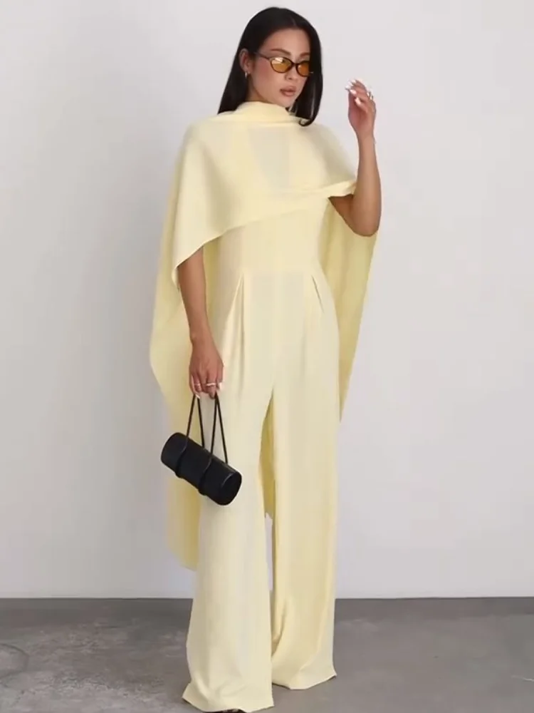 Woman High-Neck Cape Overlay Jumpsuit Set Elegant Loose Wide