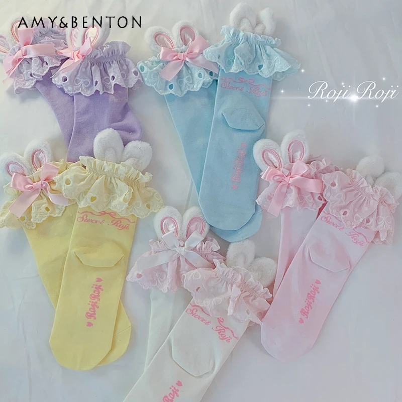 Japanese New Summer Sweet Cute Lolita Rabbit Ear Bow Socks Women's Lace Pleated  Kawaii Commuter All Match Slim Women Socks