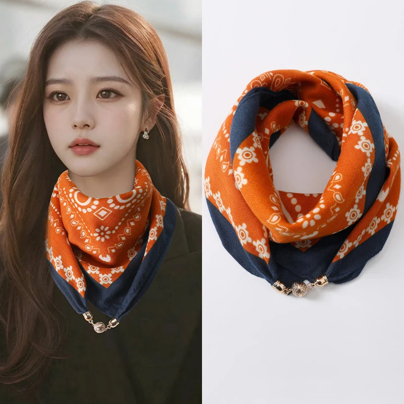 New Warm Square Scarf Magnetic Button Triangle Scarf Cotton Women's Spring, Autumn, And Winter Western Style Neck Style Ve