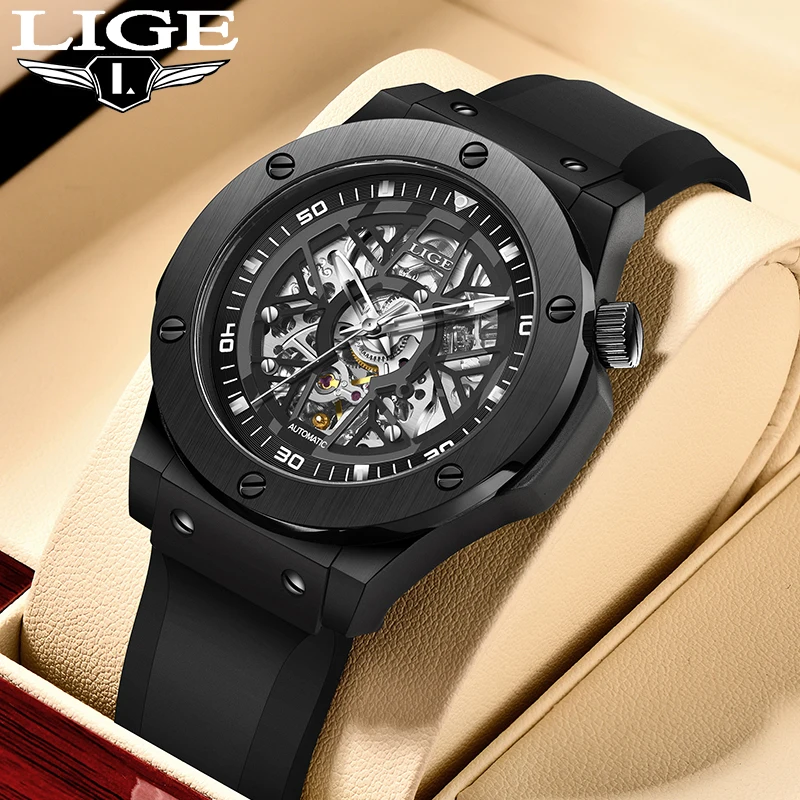 

LIGE Luxury Fashion Mechanical Clocks Military Silicone Casual Automatic Watch for Men Waterproof Luminous Business Reloj Hombre