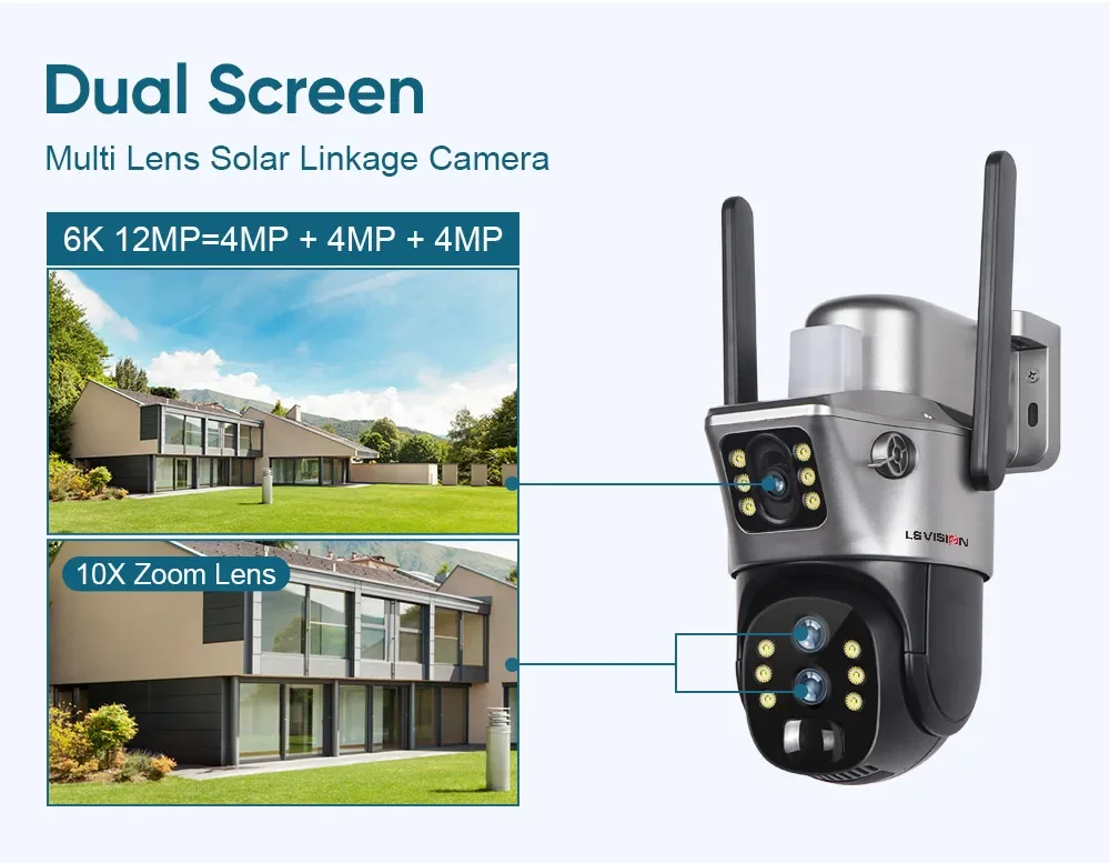 12MP Dual Screen 4G SIM Solar Camera Wifi Outdoor 10XZoom PTZ IP Camera PIR Huma