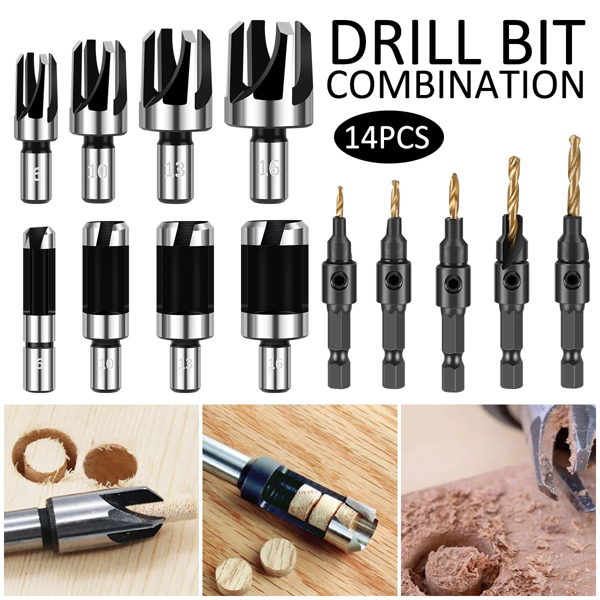 14PcsCountersinkDrillBitSetSteelTaperedDrillBitsWoodPlug