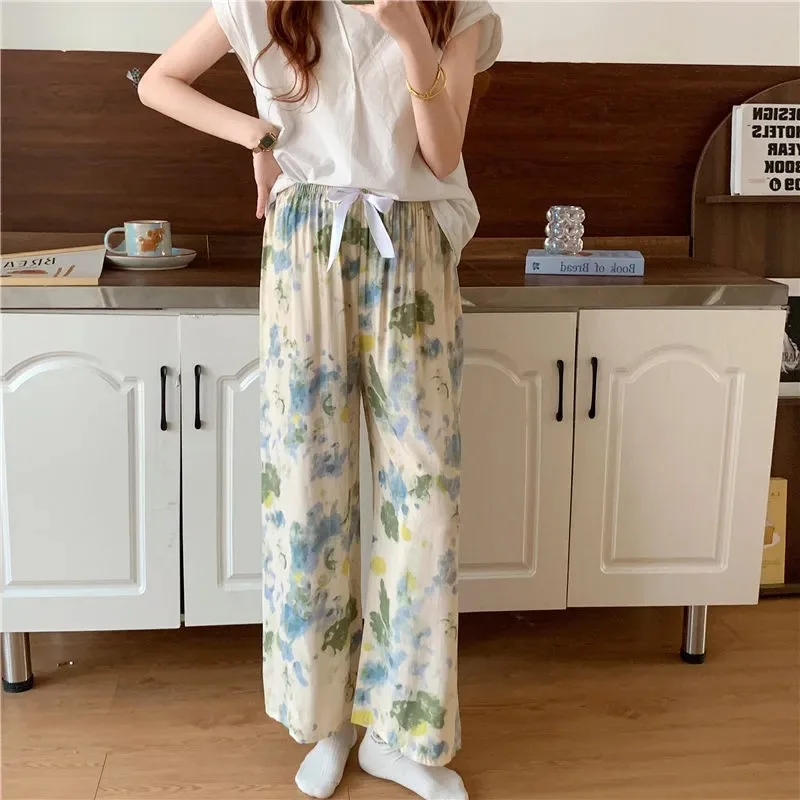 Women Cotton Casual Trousers Summer Loose Pajamas Home Pants Thin Wide Leg Pants Fashion Oversized Sleep Bottoms Korean Pants_ecoleips.com