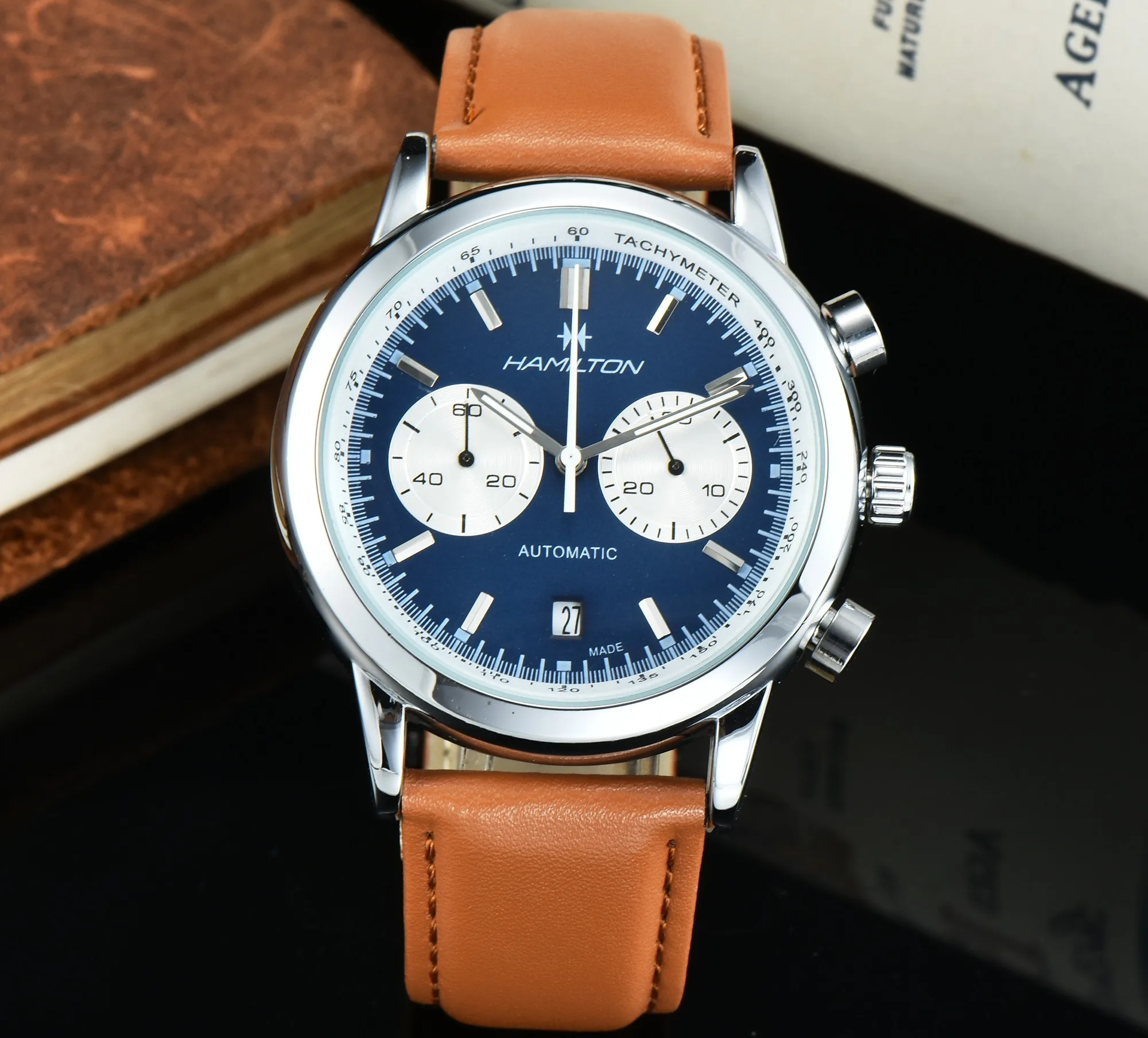 

Hamilton- Men's Luxury Brand Quartz Watch Leisure Sports Leather with Calendar Waterproof Men's Quartz Clock Watch