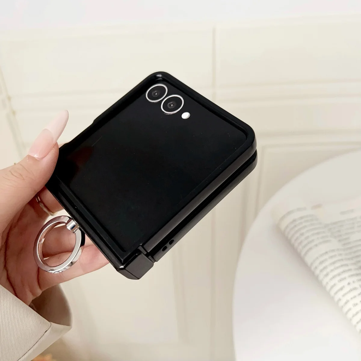 Luxury Lychee Pattern Leather Case with Metal Finger Ring Holder and Diamond Grip Buckle Bracket