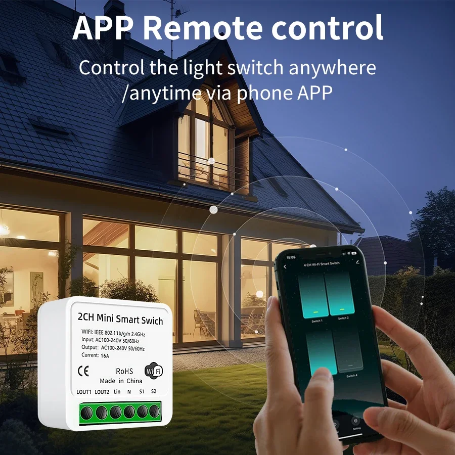 100-240V 16A 미니 Tuya WiFi 스마트 스위치 1/2CH 지능형 인터럽터 릴레이 차단기는 Google 홈 Alexa Smart Life 앱과 함께 작동합니다.