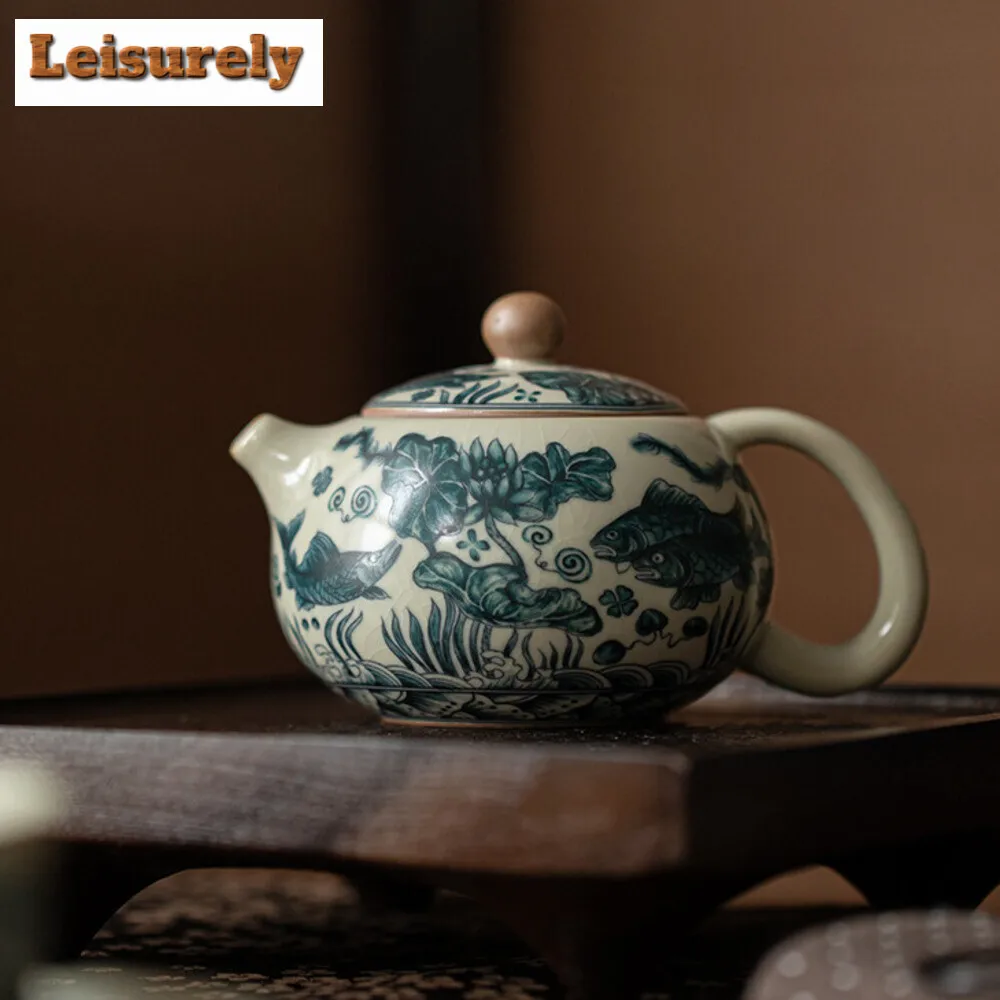 230ml Ancient Fish Algae Pattern Xishi Teapot Imitation Song Ru Kiln Ball Hole Infusions Pot Tea Brewing Kettle Cha Collection