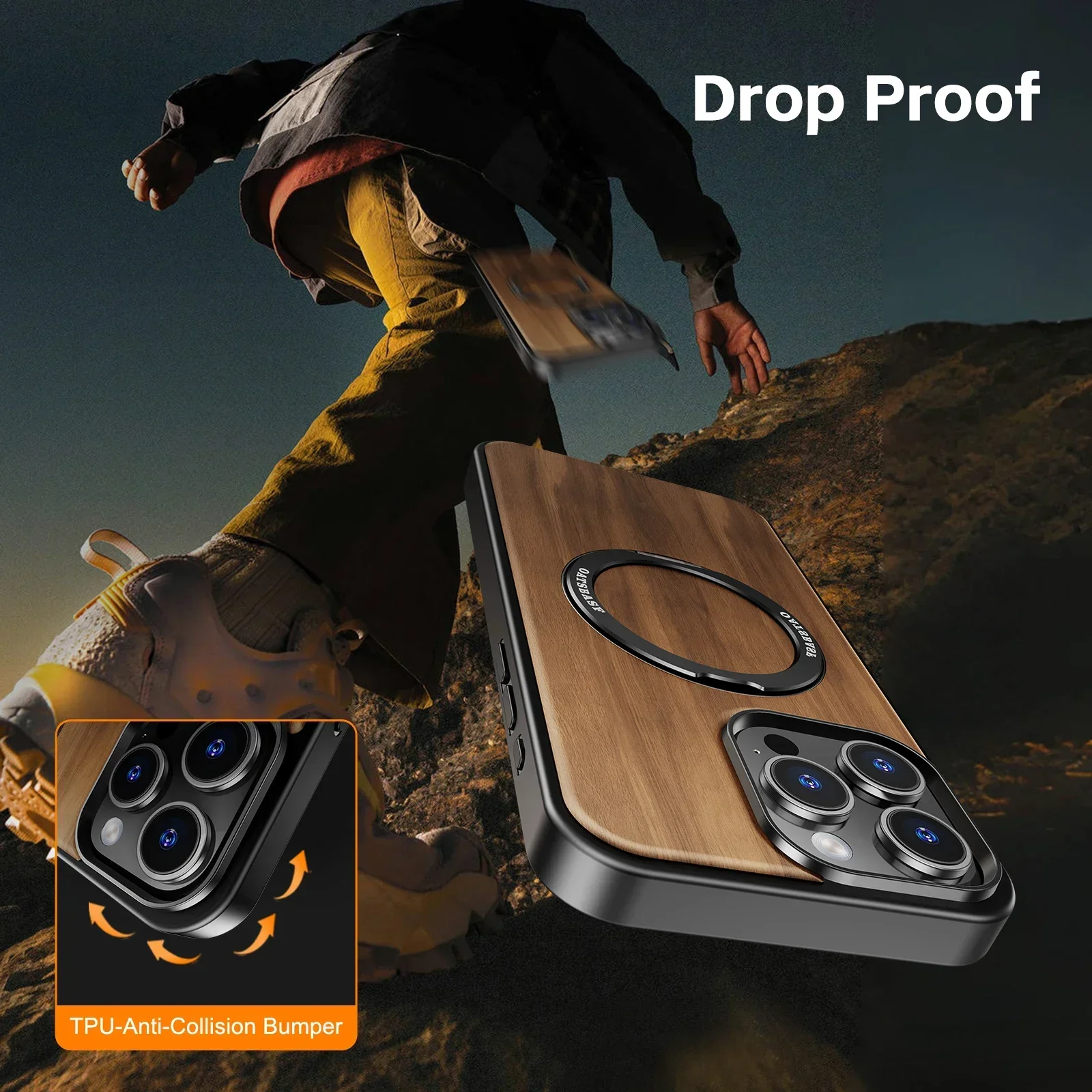 Eary for iPhone 16 15 Pro Max Case with Magsafe Kickstand 360°Rotatable Magnetic Stand Shockproof Protective Cover Unique Wooden