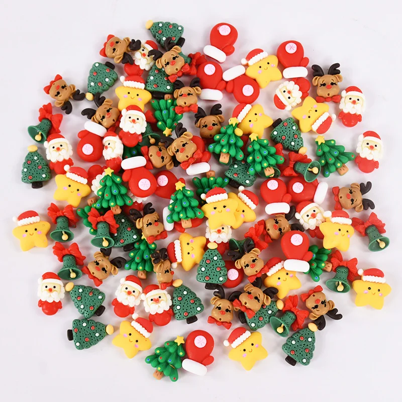 20pcs Mini Christmas Resin Figurine Crafts Cute Reindeer Xmas Tree Santa Claus Flatback Cabochon Ornaments DIY New Year Gifts