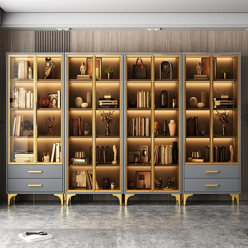 Luxury glass door bookcase floor-to-wall solid wood combination display cabinet living room study storage locker bookcase