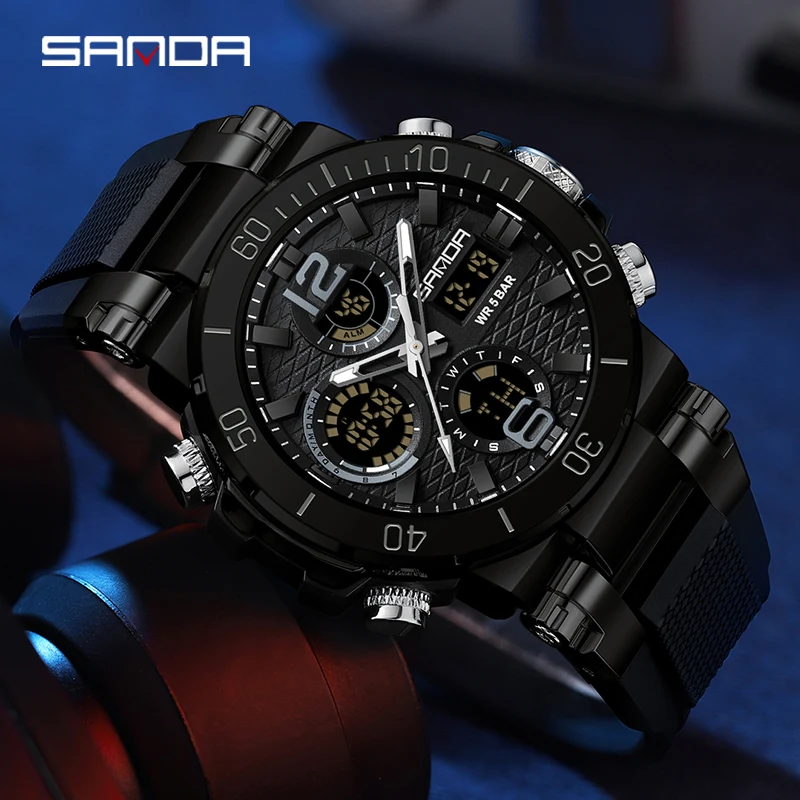 SANDA 6167 Sport Watch For Men Military Quartz Watch Waterproof Dual Display Digital Wristwatch for Men Clock Relogios Masculino