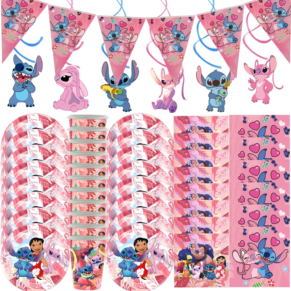 

1set Disney Pink Stitch Birthday Party Decoration Disposable Tableware Cups Plates Balloons Baby Shower For Kids Party Supplies