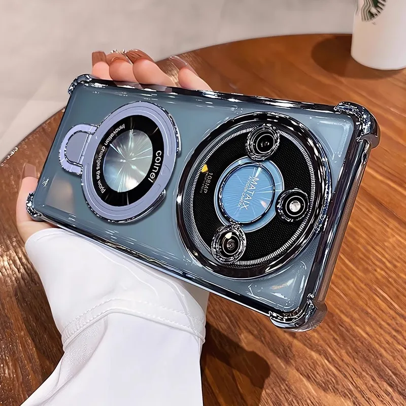 Luxury Magnetic Holder Shockproof Transparent Silicone Case with Airbag Plating
