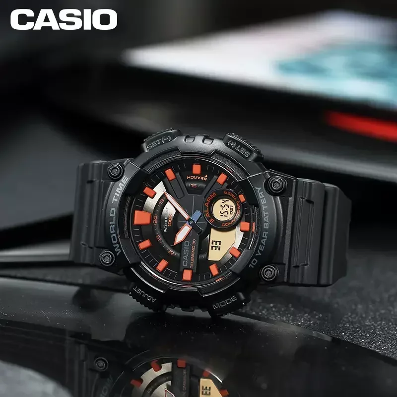 Casio-Samurai Relógio Samurai Dual Dial Masculino, AEQ-110W, Preto, Multifunções, Limite de Calendário, Star Style, Moda, Ação