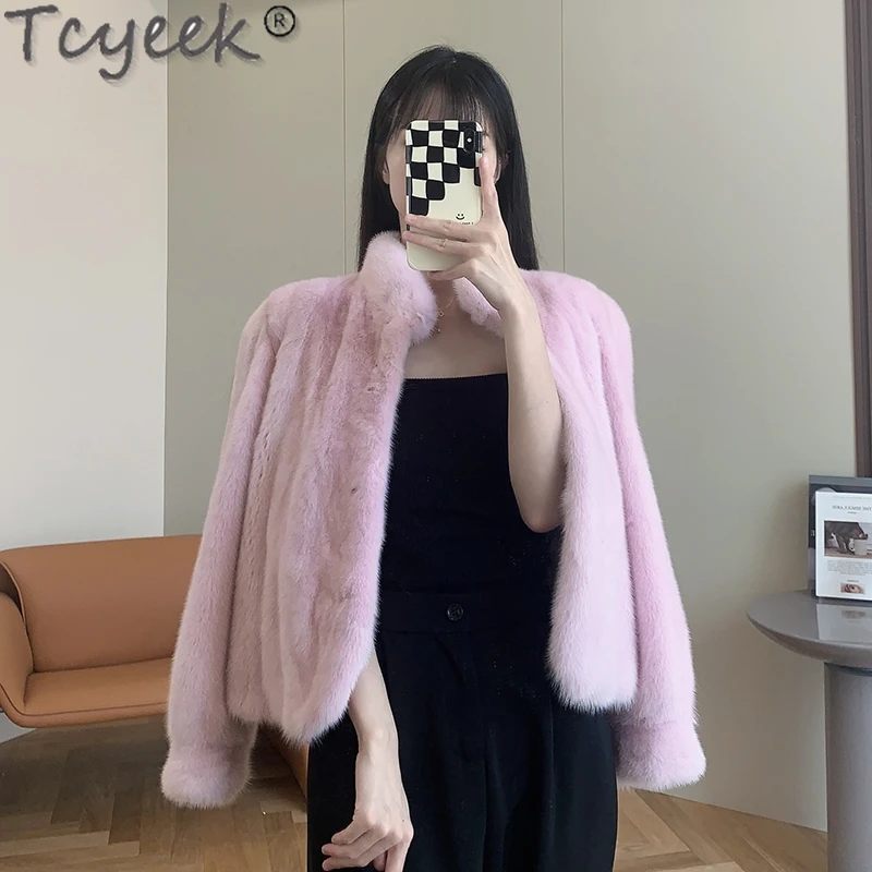 Tcyeek Cappotto Di Pelliccia Di Visone Naturale Donna Rosa Intero Visone Vera Pelliccia Cappotti Inverno Giacca Di Pelliccia Da Donna 2023 Stile Corto