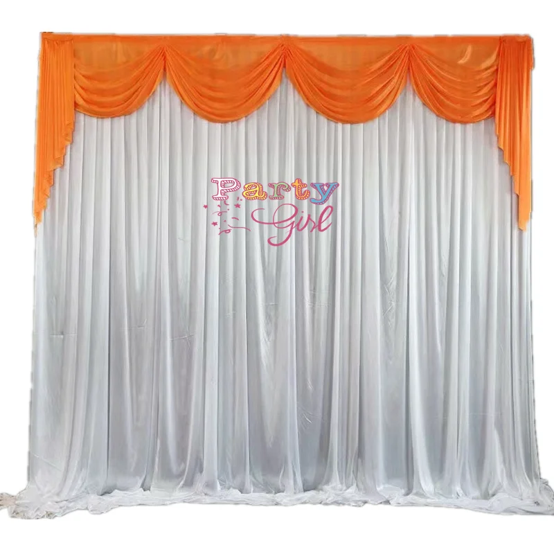 

White And Orange Color Ice Silk Backdrop Curtain With Top Swag Wedding Stage Background Photo Booth For Event Party Decoration