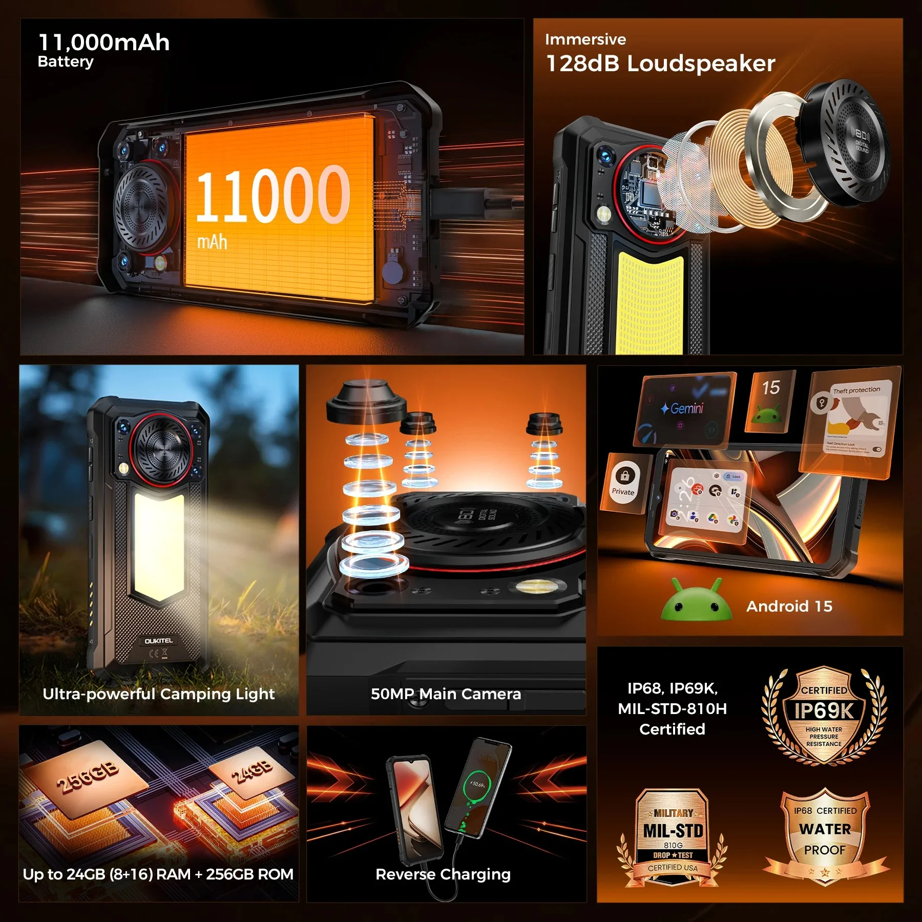 OUKITEL 4G Rugged Smartphone 6.52" 24GB+256GB WP53 PRO 11000mAh 18W Android 15 NFC 50MP 128dB Speaker 36mm Cell Mobile Phone