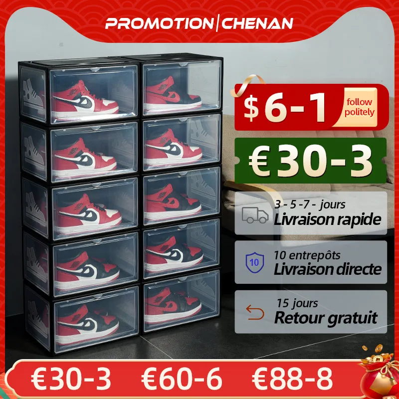 Boîte de rangement de chaussures AJ en plastique dur, armoire empilable,  anti-poussière, organisateur de chaussures