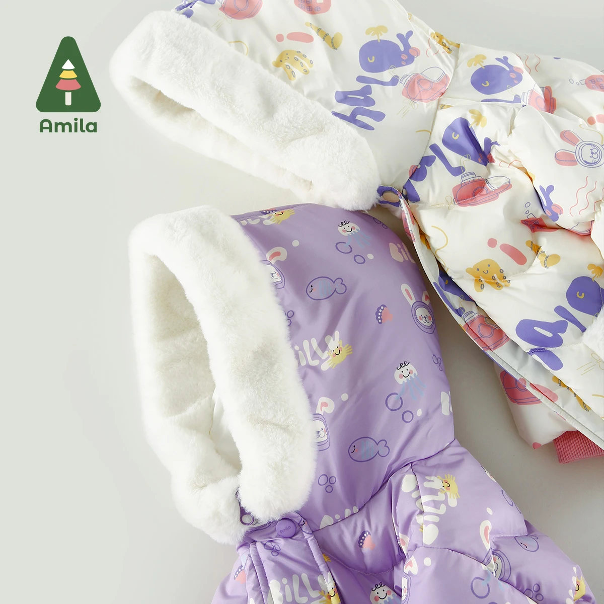 Amila Babies Coat Winter Girls Children Graffiti Casual Hooded Fur Collar Down Jacket Baby Boys Warm Fashion with Pockets Clothe