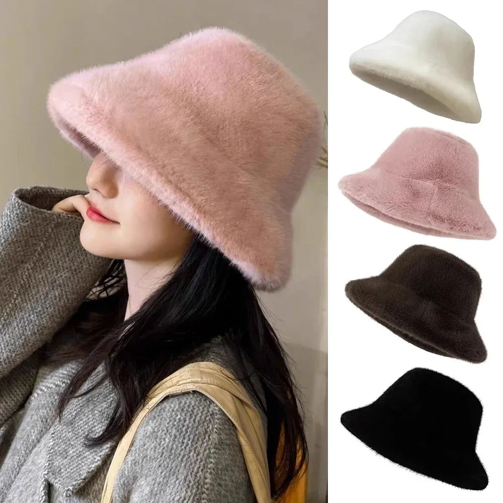 Casual Fluffy Fur Fisherman Hat Ear Protection Female Panama Cap Windproof Winter Warm Solid Bucket Hat Nice Gift