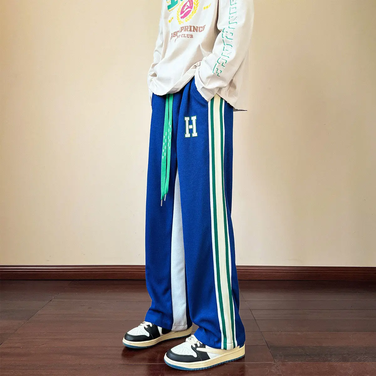 Klein Blue premium Waffle pants men's American High street straight leg loose drop striped floor length casual pants