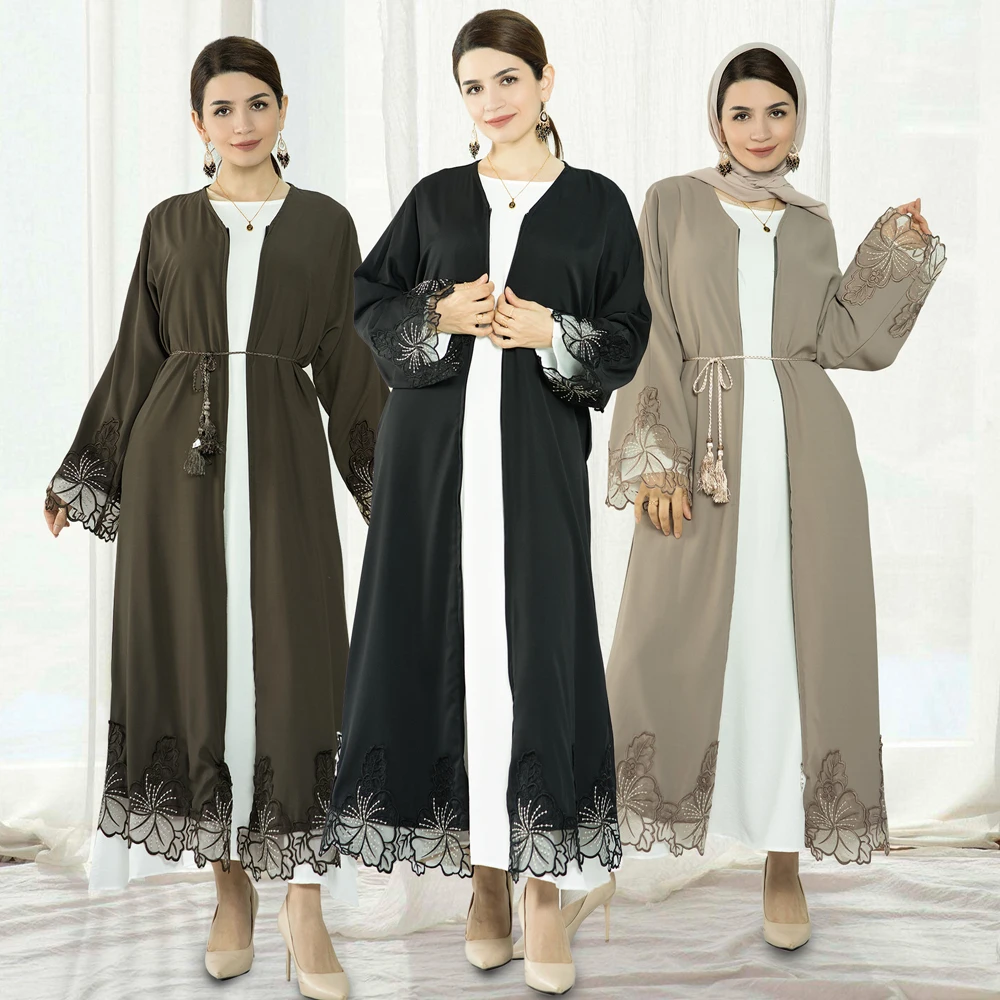 

Lace Open Abaya Women Muslim Kimono Belted Cardigan Dubai Turkey Jalabiya Eid Ramadan Arabic Robe Maxi Dress Islamic Clothing