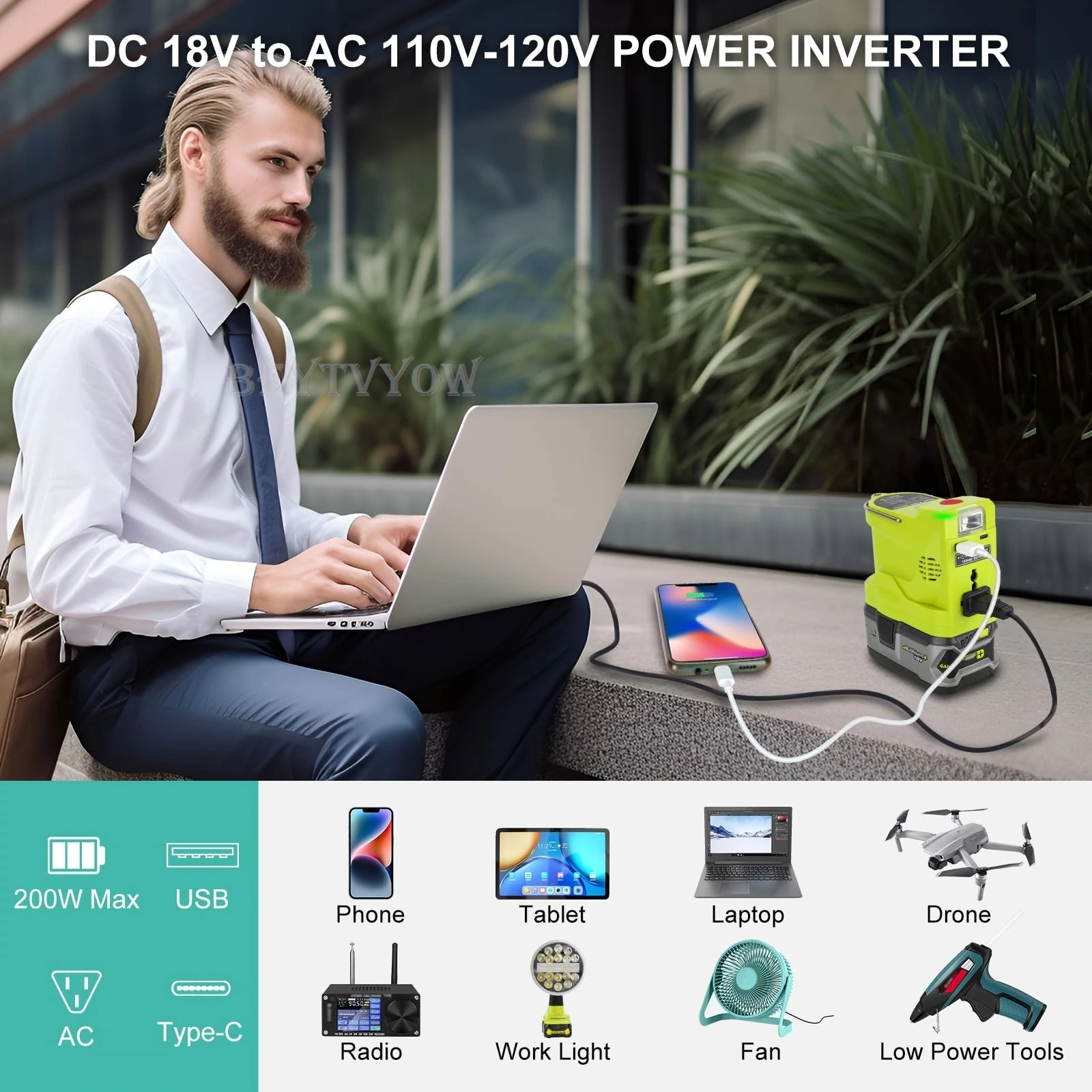Power Inverter for Ryobi One 18V Battery 200W DC 18V to AC 110V/230V Modified Si