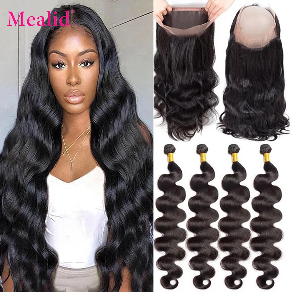 Mealid 360 Lace Frontal Closure With Bundles Pre Plucked Indian Body Wave Human hair 3 Bundles with 360 Lace Frontal Remy
